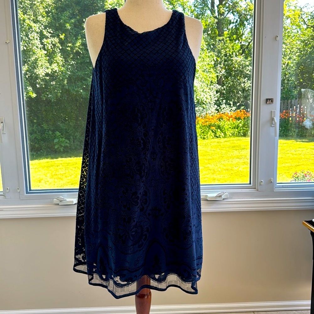 Sleeveless dress with lace over sheath base. Easy care. Size L.